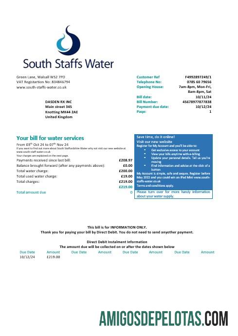 Reino Unido South Staffs Water Water Business Utility Bill Formatos Word e PDF, Versão 2 baixar para verificação
